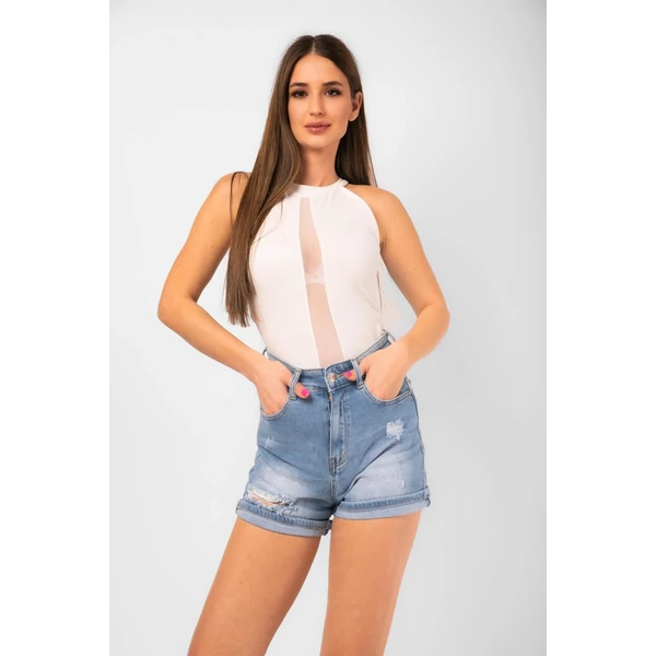 Tüll betétes tört fehér body