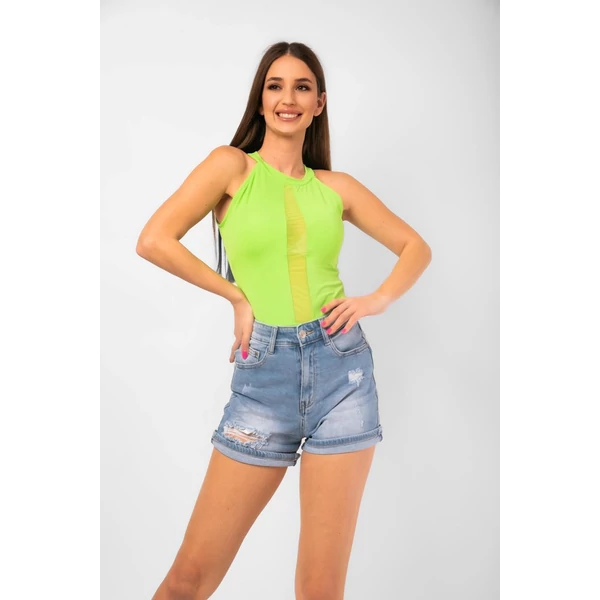 Tüll betétes zöld body