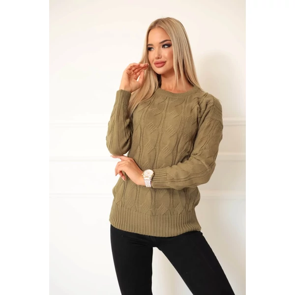 Egyedi kötésmintájú khaki pulóver
