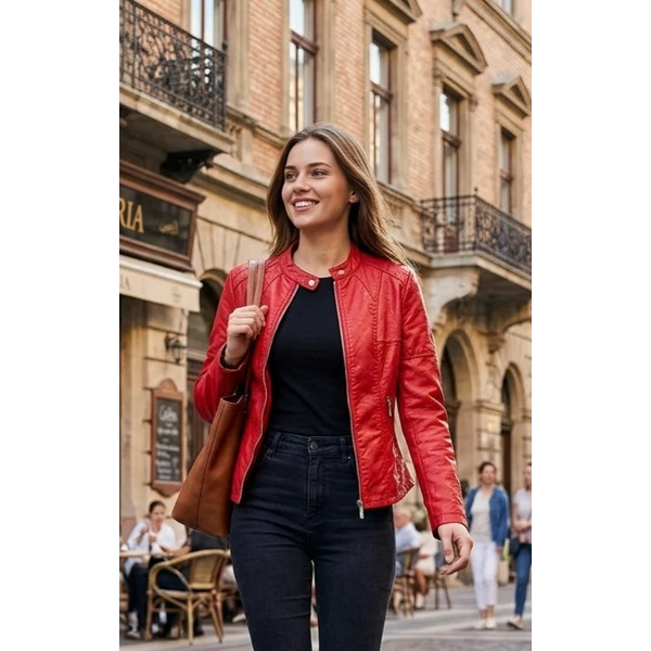 Állónyakú,cipzáros piros műbőr dzseki