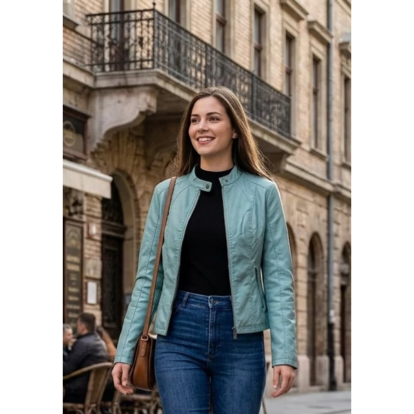 Állónyakú,cipzáros farmerkék műbőr dzseki