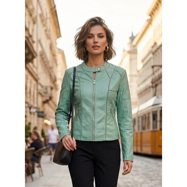 Állónyakú,cipzáros világoszöld műbőr dzseki