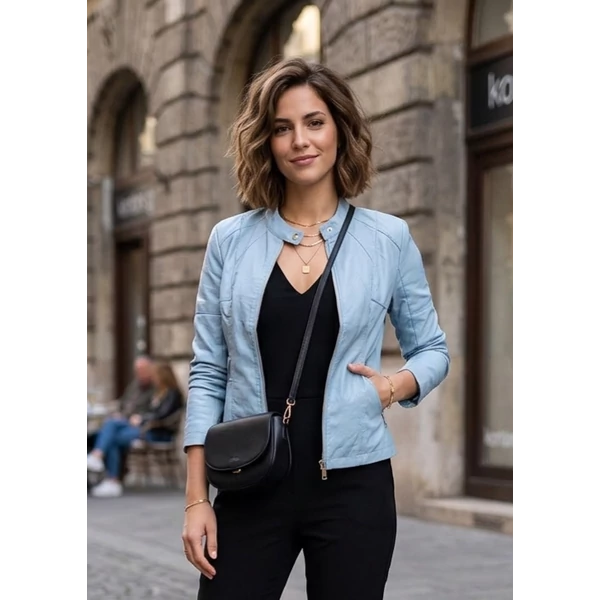 Állónyakú,cipzáros világoskék műbőr dzseki