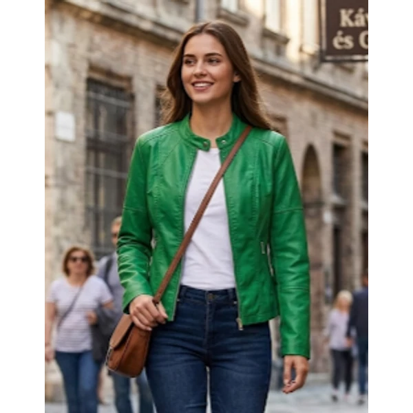 Állónyakú,cipzáros smaragdzöld műbőr dzseki