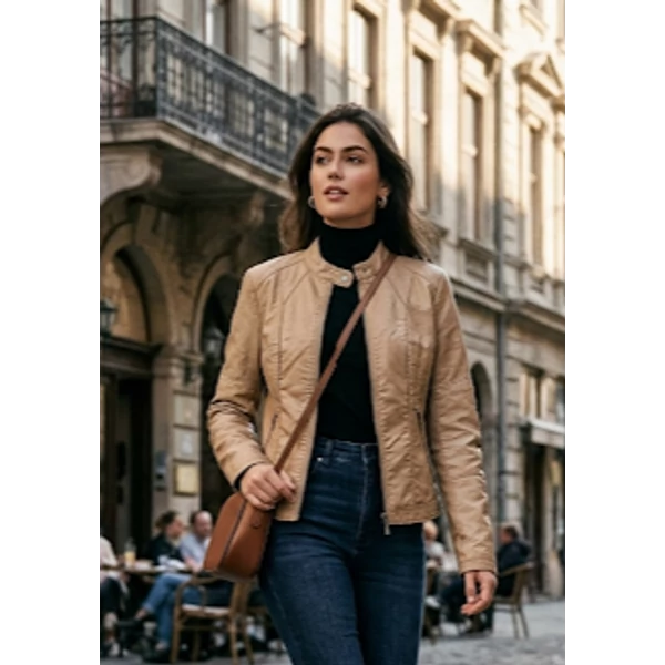 Állónyakú,cipzáros konyak barna műbőr dzseki