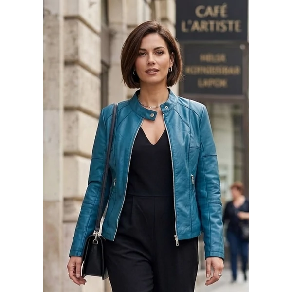 Állónyakú,cipzáros petrolkék műbőr dzseki