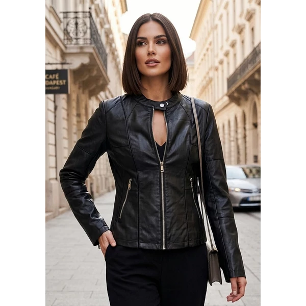 Állónyakú,cipzáros fekete műbőr dzseki