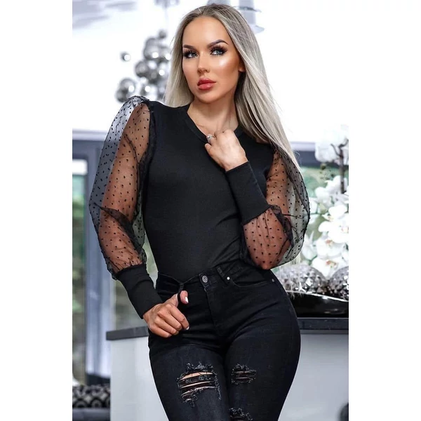 Pöttyös tüll ujjú fekete felső