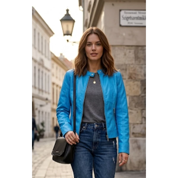 Állónyakú,cipzáros türkizkék műbőr dzseki