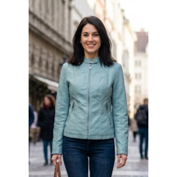 Állónyakú,cipzáros olajzöld műbőr dzseki