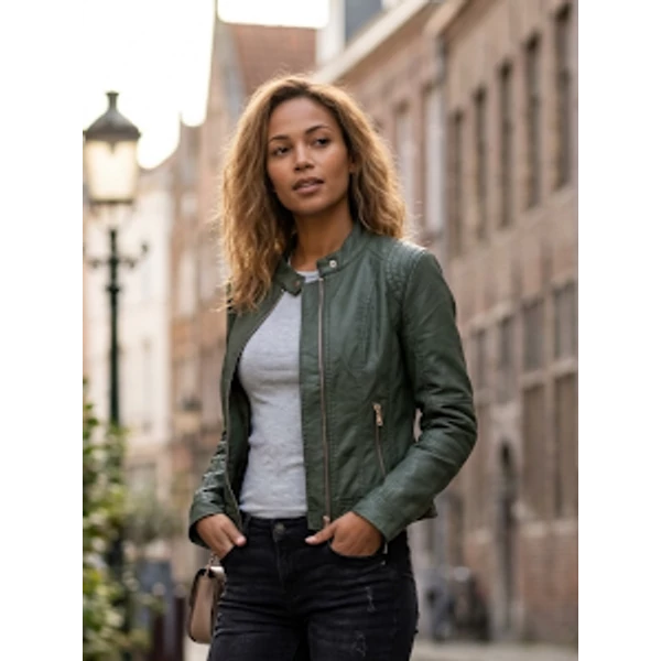 Állónyakú,cipzáros khakizöld műbőr dzseki