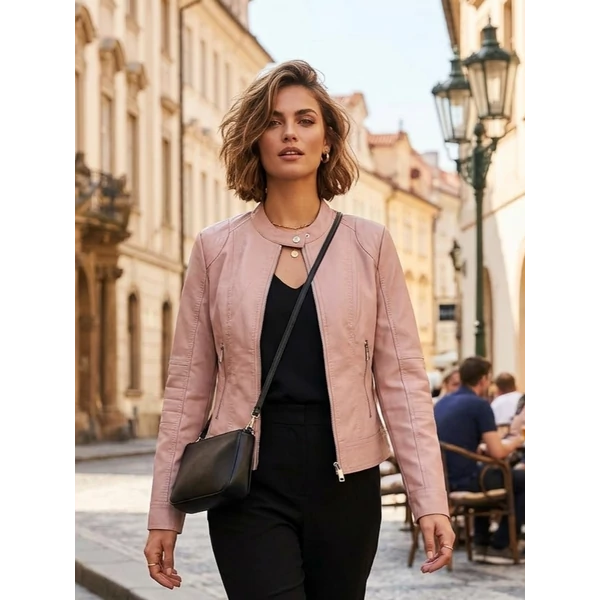 Állónyakú,cipzáros púder műbőr dzseki