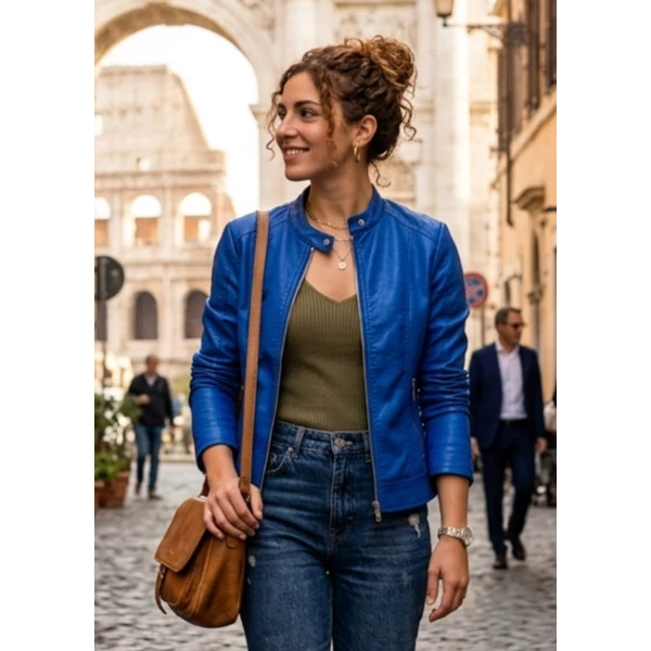 Állónyakú,cipzáros királykék műbőr dzseki