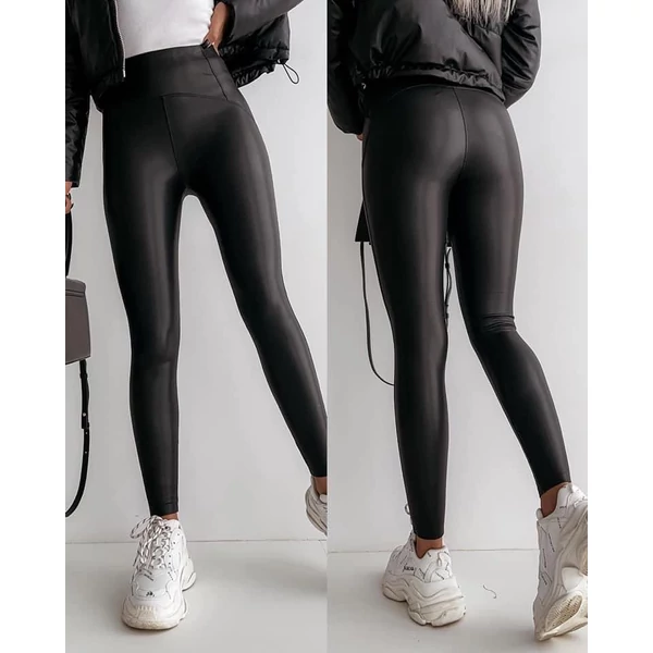 Push up hatású fekete műbőr leggings