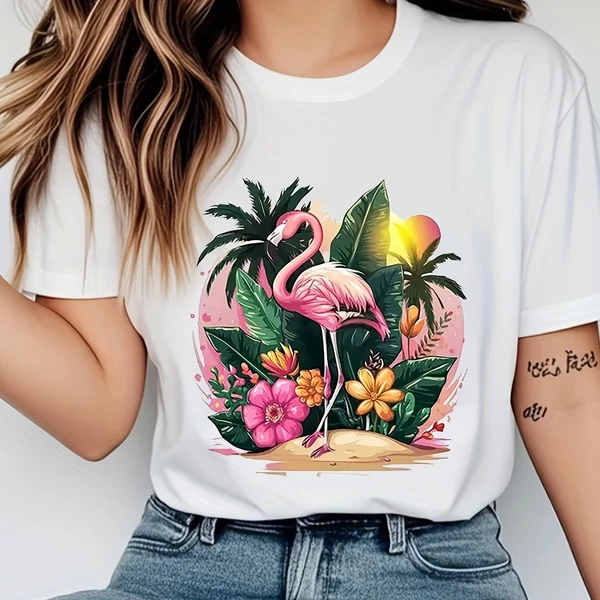 Rózsaszín flamingó mintás fehér póló