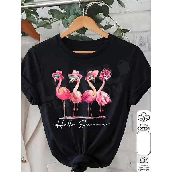 Flamingó mintás fekete póló