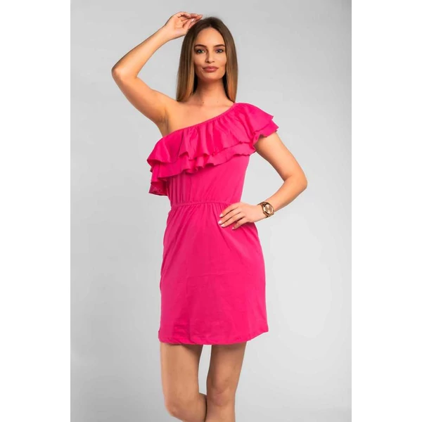 Félvállas fodros pink  ruha